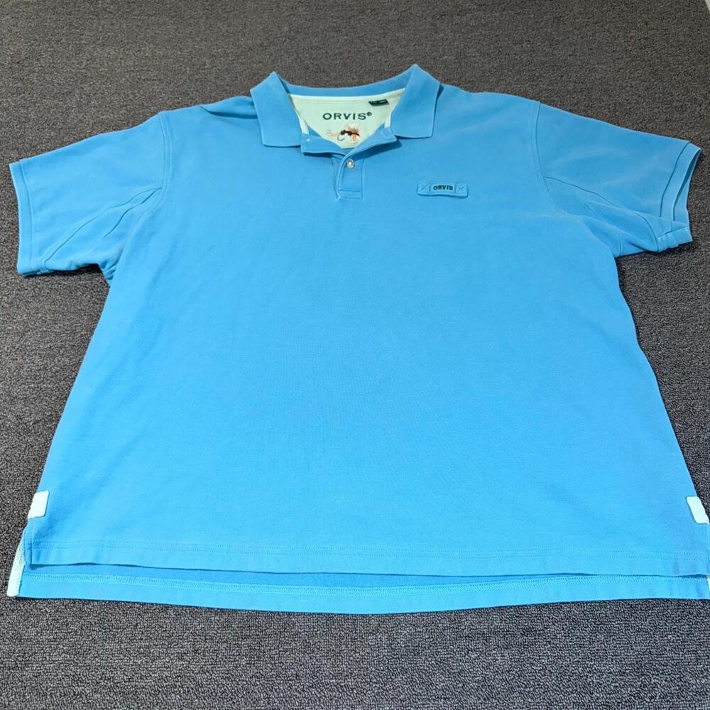 Orvis Polo Shirt Mens 2XL Blue‎ Short Sleeve Performance Casual High Low Hem